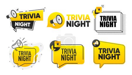 Trivia Night. Megaphone label collection with text. Marketing and promotion. Vector Illustration