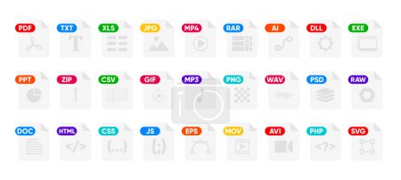 Ilustración de File Type icon set. Popular files format and document. Format and extension of documents. Set of graphic templates audio, video, image, system, archive, code and document file. Vector illustration - Imagen libre de derechos