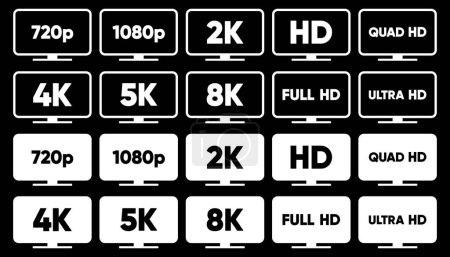 Placas de identificación de resolución 4K UHD, Quad HD, Full HD y HD sobre fondo negro. Símbolos e iconos de TV. Ilustración vectorial