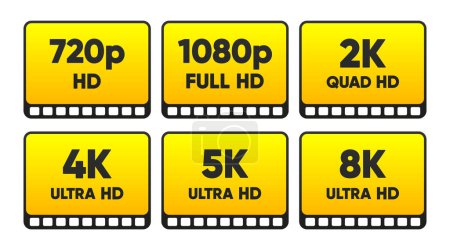 4K UHD, Quad HD, Full HD und HD-Auflösung Namensschilder auf weißem Hintergrund. TV-Symbole und -Symbole. Vektorillustration