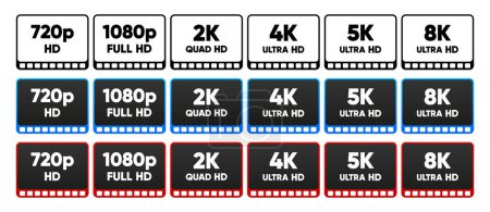Placas de identificación de resolución 4K UHD, Quad HD, Full HD y HD sobre fondo blanco. Símbolos e iconos de TV. Ilustración vectorial