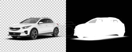 3D-Illustration, Rückseite und weißes modernes Auto auf transparentem Hintergrund. Computergeneriertes Bild, virtuelle 3D-Autos