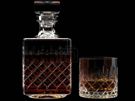 Botella de whisky y vidrio con vista lateral, aislado sobre fondo gris. representación 3d - ilustración