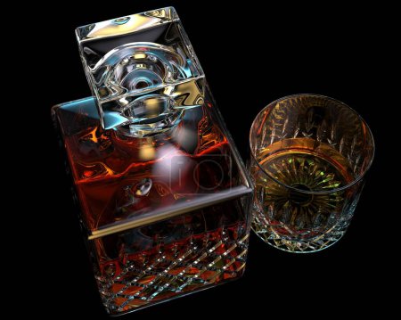Foto de Botella de whisky y vidrio con vista lateral, aislado sobre fondo gris. representación 3d - ilustración - Imagen libre de derechos