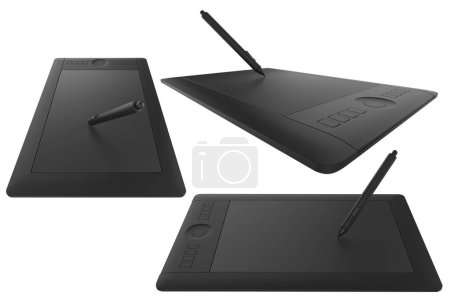 Graphic tablets with pens. Images pack isolated on background. 3d rendering - illustration