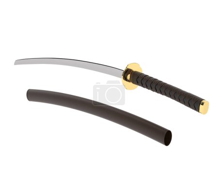Téléchargez les photos : Epée japonaise isolée sur fond gris. rendu 3d - illustration - en image libre de droit