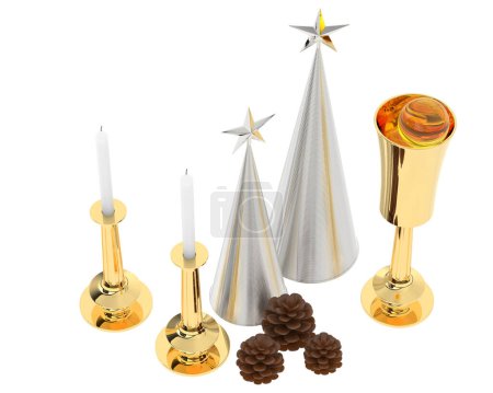 Téléchargez les photos : Décoration de Noël avec des bougies et arbre de Noël isolé sur fond blanc - en image libre de droit