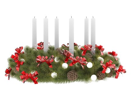 Téléchargez les photos : Arbre de Noël, bougies, houx et gui isolé sur fond blanc. Noël et décoration du Nouvel An. photo de haute qualité - en image libre de droit