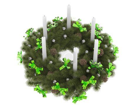 Foto de 3 d representación de una corona de Navidad verde con ramas de abeto aisladas sobre fondo blanco - Imagen libre de derechos