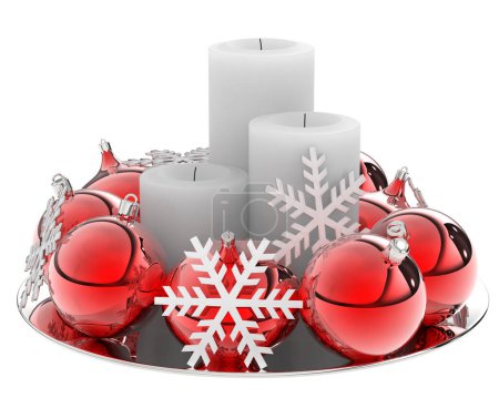 Photo for 3 d render of christmas balls with candles and snowflakes - Royalty Free Image
