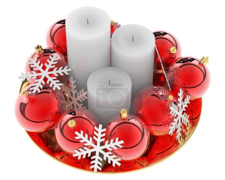 Téléchargez les photos : Bougie de Noël rouge avec décoration isolée sur fond blanc - en image libre de droit