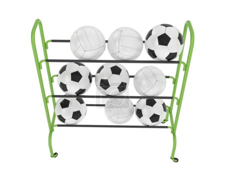 Foto de Balones de fútbol y voleibol en estante, equipo deportivo aislado sobre fondo blanco - Imagen libre de derechos