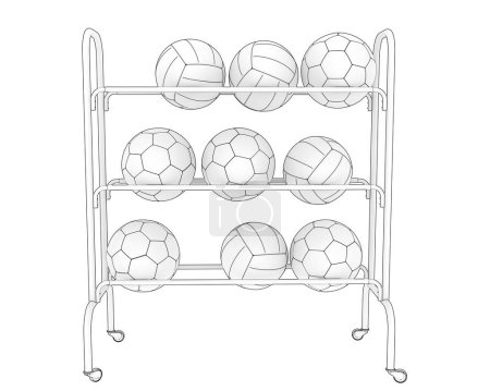 Téléchargez les photos : Balles de football et de volley-ball sur étagère, équipement sportif isolé sur fond blanc - en image libre de droit