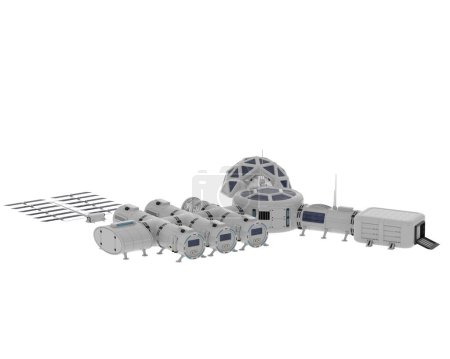 Foto de 3 d representación de la estación espacial futurista aislada sobre fondo blanco. Campamento espacial - Imagen libre de derechos