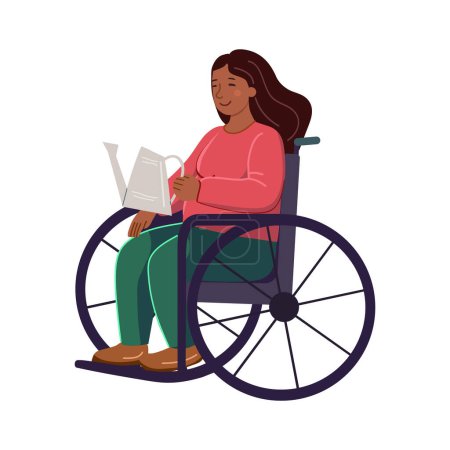 Ilustración de Joven mujer afroamericana en silla de ruedas con una regadera en las manos. Jardinería ilustración vectorial plana. Igualdad, tolerancia, inclusión. - Imagen libre de derechos