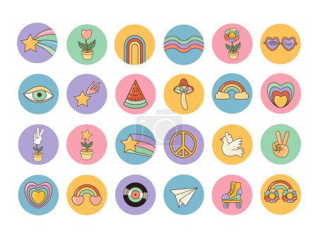 Illustration for Funny cartoon  heart, rainbow, peace, love icons etc. Isolated  cartoon vector illustration. Sticker pack in trendy retro  style. Groovy 70s set. - Royalty Free Image
