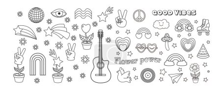 Illustration for Outline peace, Love,  rainbow, disco ball, sunglasses, mouth, guitar icon  etc. Isolated vector illustration.  Groovy hippie 70s set. - Royalty Free Image