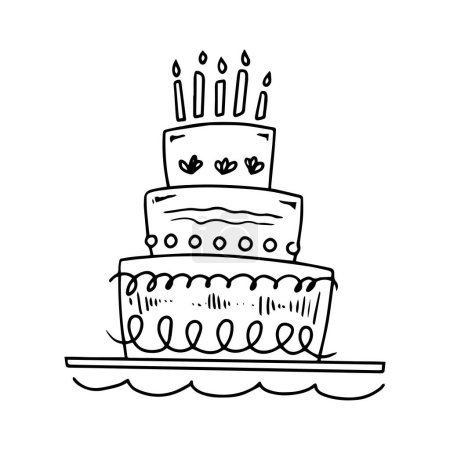 Big cake with candles in doodle style on a white background. Festive concept. Hand drawn vector outline sketch icon.	