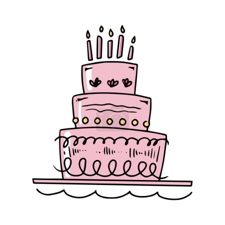 Big cake with candles in doodle style on a white background. Festive concept. Hand drawn vector colored outline icon.