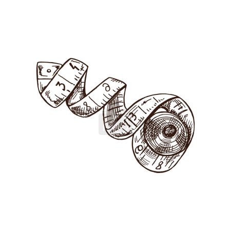 Ilustración de Esbozo dibujado a mano de la cinta métrica del sastre. Concepto de equipo de costura hecho a mano en estilo de garabato vintage. Estilo de grabado. - Imagen libre de derechos