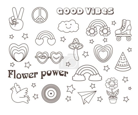 Lustige Cartoon Frieden, Liebe, Blume, Regenbogen, Herz, Gänseblümchen, Pilz, Taube usw. Isolierte Vektorillustration. Stickerpack im trendigen Retro-Psychedelic-Cartoon-Stil. Grooviges Hippie-70er Set. 
