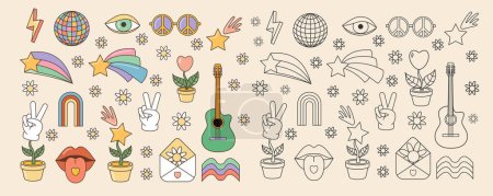 Funny cartoon peace, Love,  rainbow,  heart, star, mouth, guitar icon  etc. Isolated vector illustration. Sticker pack in trendy retro psychedelic cartoon style.  Groovy hippie 70s colored and black set. 