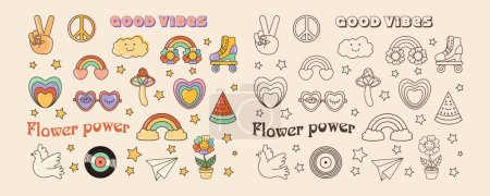 Funny cartoon peace, Love, flower, rainbow, heart, daisy, mushroom, dove etc. Isolated vector illustration. Sticker pack in trendy retro psychedelic cartoon style. Groovy hippie 70s colored and black set.
