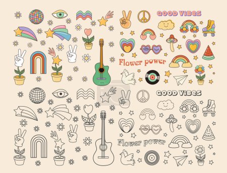 Illustration for Funny cartoon peace, Love, rainbow, disco ball, sunglasses, mouth, guitar icon etc. Isolated vector illustration. Sticker pack in trendy retro cartoon style. Groovy 70s colored and black set. - Royalty Free Image