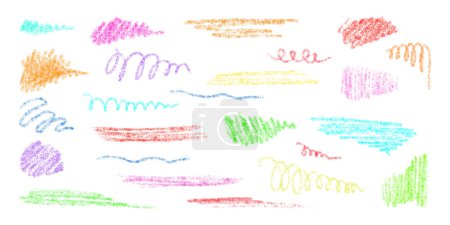 Illustration for Hand-drawn underlining elements, brush with crayon effect, chalk texture. Chalk stroke for highlighting. Vector illustration in children's style. Crayon brush colored underline. - Royalty Free Image