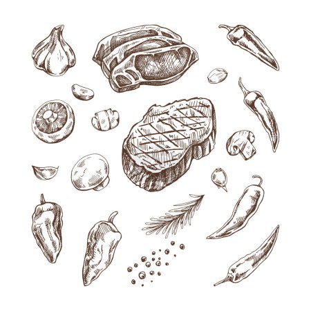 Ilustración de Conjunto de bocetos dibujados a mano de elementos de barbacoa. Para el diseño del menú de restaurantes y cafeterías, comida a la parrilla. Trozos de carne y verduras con condimentos. - Imagen libre de derechos