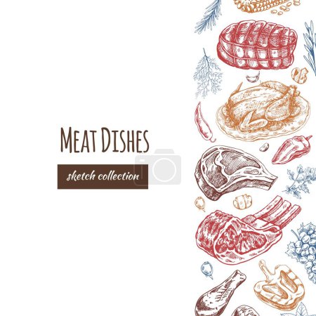Ilustración de Meat and vegetables menu template in engraved vintage style. Hand-drawn colored sketches of barbecue meat pieces with herbs and seasonings. Background for meat restaurant.. - Imagen libre de derechos