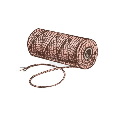 Illustration for Hand-drawn colored sketch of skein of thread. Handmade, sewing equipment concept in vintage doodle style. Engraving style. - Royalty Free Image