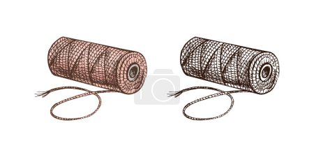 Illustration for Hand-drawn colored and monochrome sketches of skein of thread. Handmade, sewing equipment concept in vintage doodle style. Engraving style. - Royalty Free Image