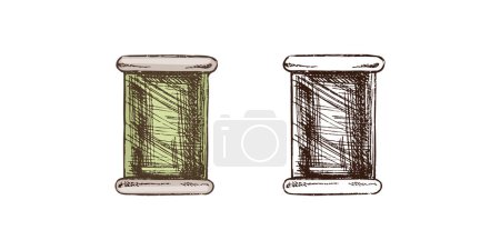 Illustration for Hand-drawn colored and monochrome sketches of skein of thread. Handmade, sewing equipment concept in vintage doodle style. Engraving style. - Royalty Free Image