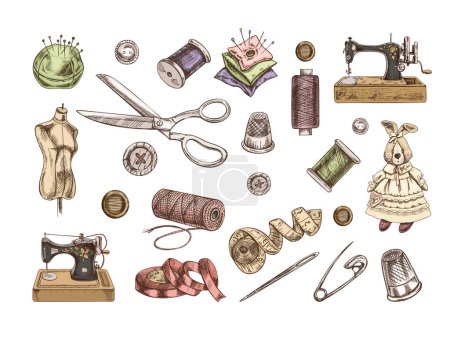Vintage set of hand-drawn colored sewing icons. Vector illustrations in sketch style. Handmade, sewing equipment concept in vintage style. Engraving style.