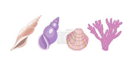 Ilustración de Conjunto de vectores de conchas marinas, moluscos, corales. Ilustración plana de varias conchas marinas sobre fondo blanco. Colección de pegatinas. - Imagen libre de derechos