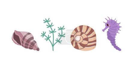 Ilustración de Sea shells vector set, mollusks, algae, seahorse. Flat illustration of various seashells on white background. Collection for stickers. - Imagen libre de derechos