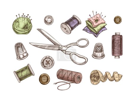 Vintage set of hand-drawn colored sewing icons. Vector illustrations in sketch style. Handmade, sewing equipment concept in vintage doodle style. Engraving style.