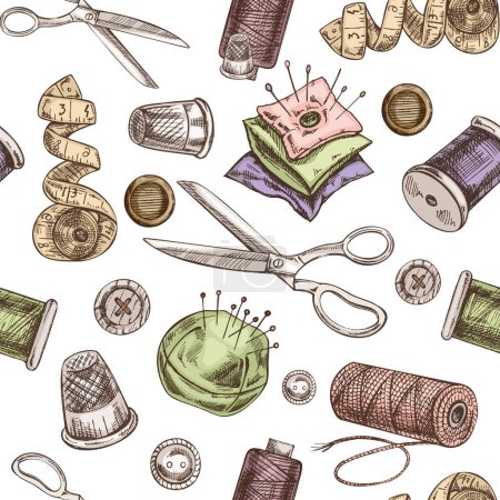 Seamless pattern of hand-drawn colored sewing elements. Vector illustrations in sketch style. Handmade, sewing equipment concept in vintage doodle style. Engraving style.
