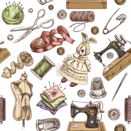 Seamless pattern of hand-drawn colored sewing elements. Vector illustrations in sketch style. Handmade, sewing equipment concept in vintage doodle style. Engraving style.