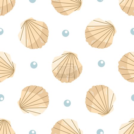 Cute hand drawn colored saltwater scallop seashell, seamless pattern, clam, conch. Scallop sea shell, flat style vector illustration isolated on white background.