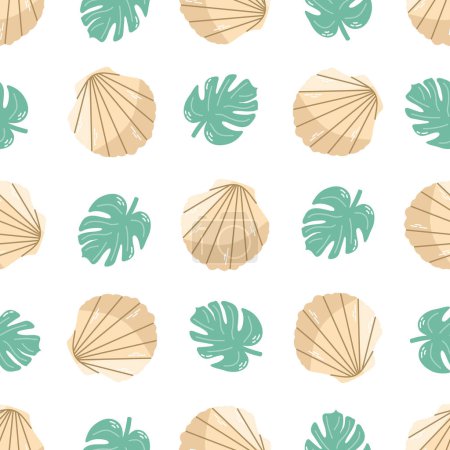 Cute hand drawn colored saltwater scallop seashell and plant leaf, seamless pattern, clam, conch. Scallop sea shell, flat style vector illustration isolated on white background.