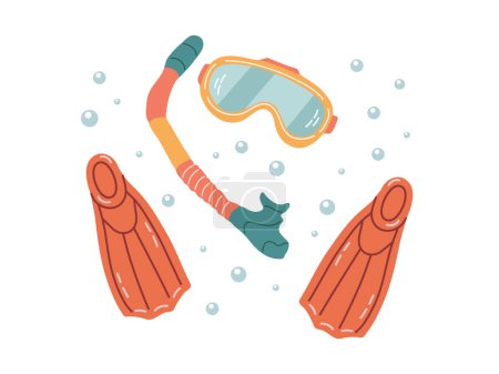 Cute hand drawn diving mask, diving fins and snorkel, vector Marine concept elements. Flat illustration on white background.	