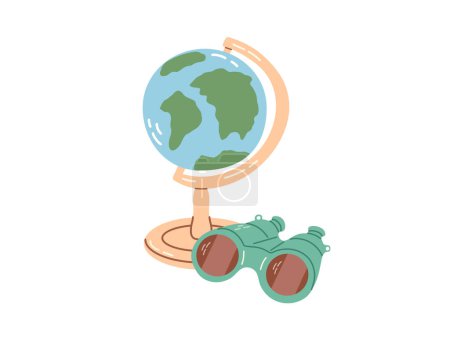 Cute hand drawn vintage globe and binoculars. Flat vector illustration isolated on white background. Doodle drawing.