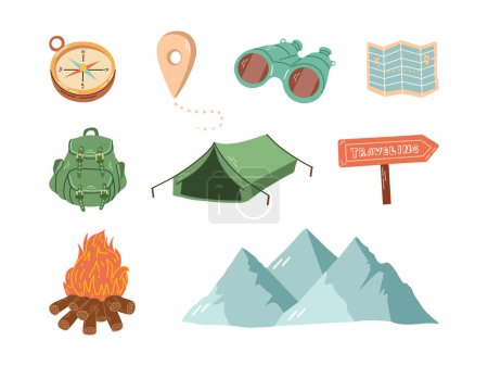 Cute hand drawn set of travel icons.Tourism and camping adventure icons. lipart with travelling elements, mountains, campfire, backpack, binoculars, compass, tent
