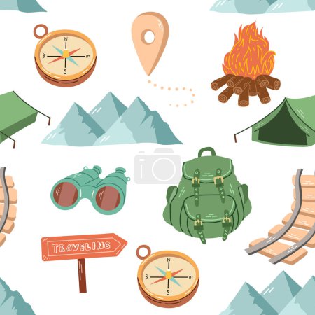 Hand-drawn colored travel seamless pattern. Tourism and camping adventure. Clipart with travelling elements.