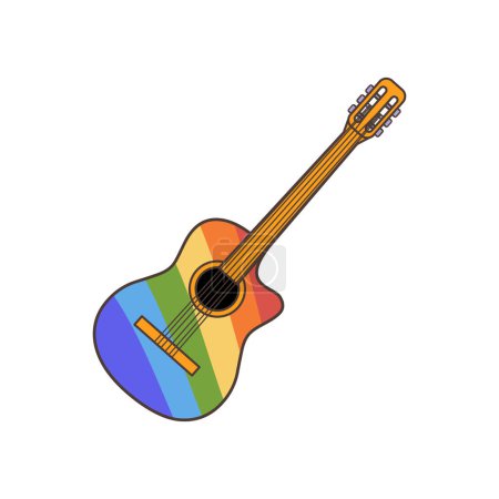 LGBT flag colored acoustic guitar icon. Illustration in cartoon style. 70s retro clipart vector design.