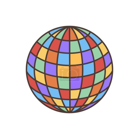 Discokugel-Ikone in den Farben der LGBT Pride Rainbow Flagge. Illustration im Cartoon-Stil. 70er Jahre Retro Cliparts Vektor Design.