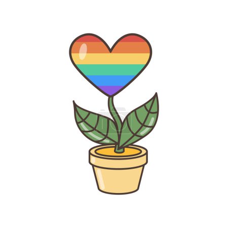 A flower in the colors of the LGBT flag growing in a flower pot. Illustration in cartoon style. 70s retro clipart vector design.