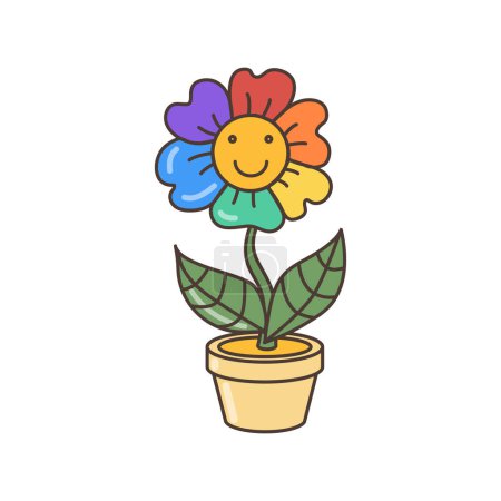 Ikone eines lächelnden bunten Gänseblümchens in den Farben der LGBT Pride Rainbow Flag im Blumentopf. Illustration im Cartoon-Stil. 70er Jahre Retro Cliparts Vektor Design.